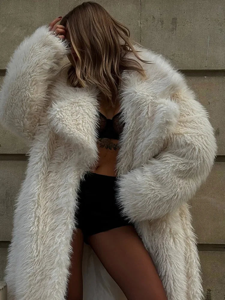 Long Snow Fox Fur Coat White Extended Waist Cinched Lace Up Women Plush Overcoat Suit Collar Loose Thick Warm Outwear Top Winter