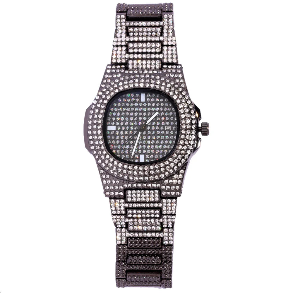 Montres à la mode entièrement glacées pour hommes et femmes, montre carrée en acier inoxydable, strass de luxe, montre à quartz carrée, cadeau de fête Hip Hop