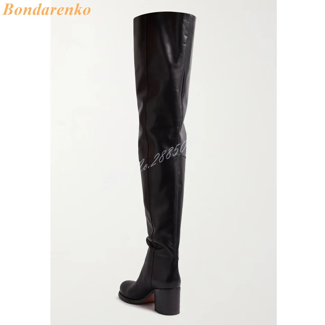 Leather Thigh High Boots Round Toe Thick High Heels Solid Slip On Long Boots Women Sexy Shoes Spring Autumn Party Designer Shoes