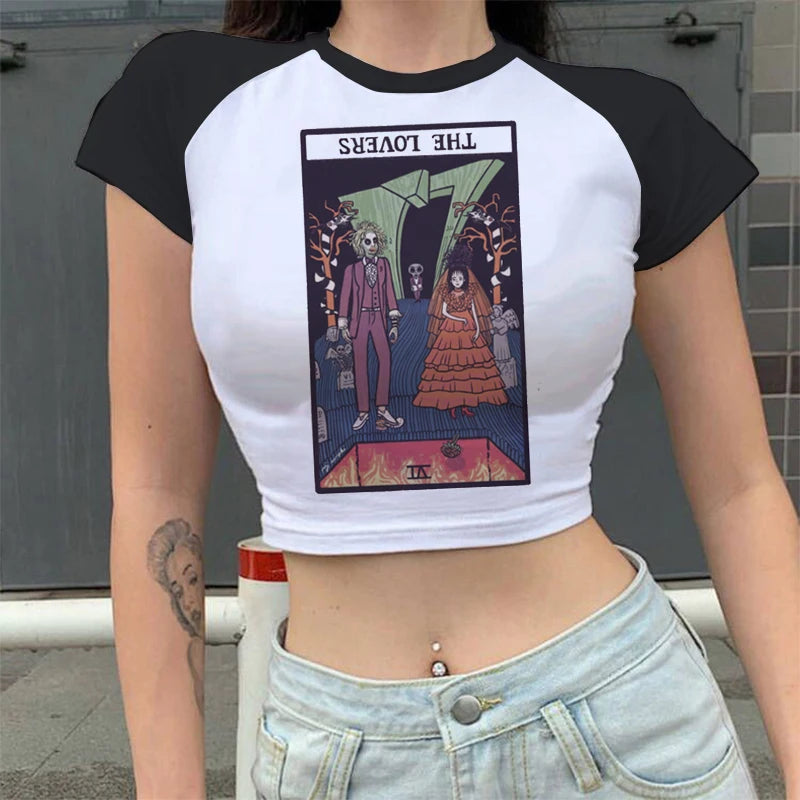 Lady Fashion Women Short Sleeve Summer Harajuku Crop Top Clothes Tshirt Female Tarot Print Cute Lovely Casual Aesthetic T-Shirt