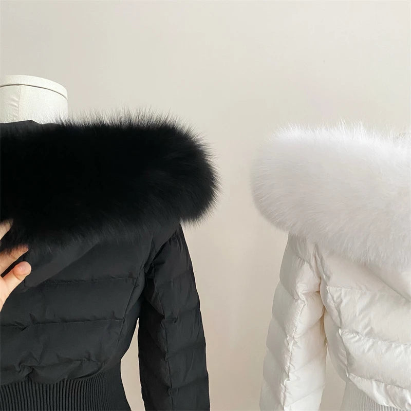 Veste courte d'hiver en vraie fourrure de renard pour femme, duvet d'oie blanche des années 2000, chaude, bouffante, pour l'extérieur, épaisse, courte,