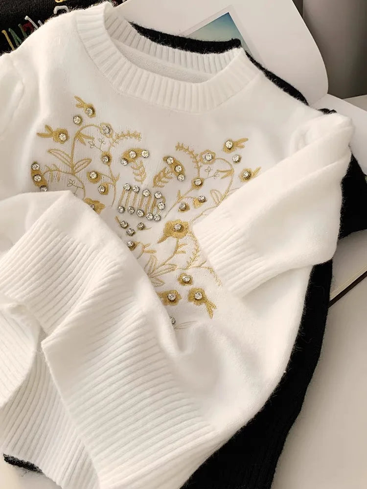 Early Spring Sweater Embroidery Rhinestone Crop Tops Graphic Y2K Women's Clothing Short Sleeve Tees Vintage Luxury Knit Pullover