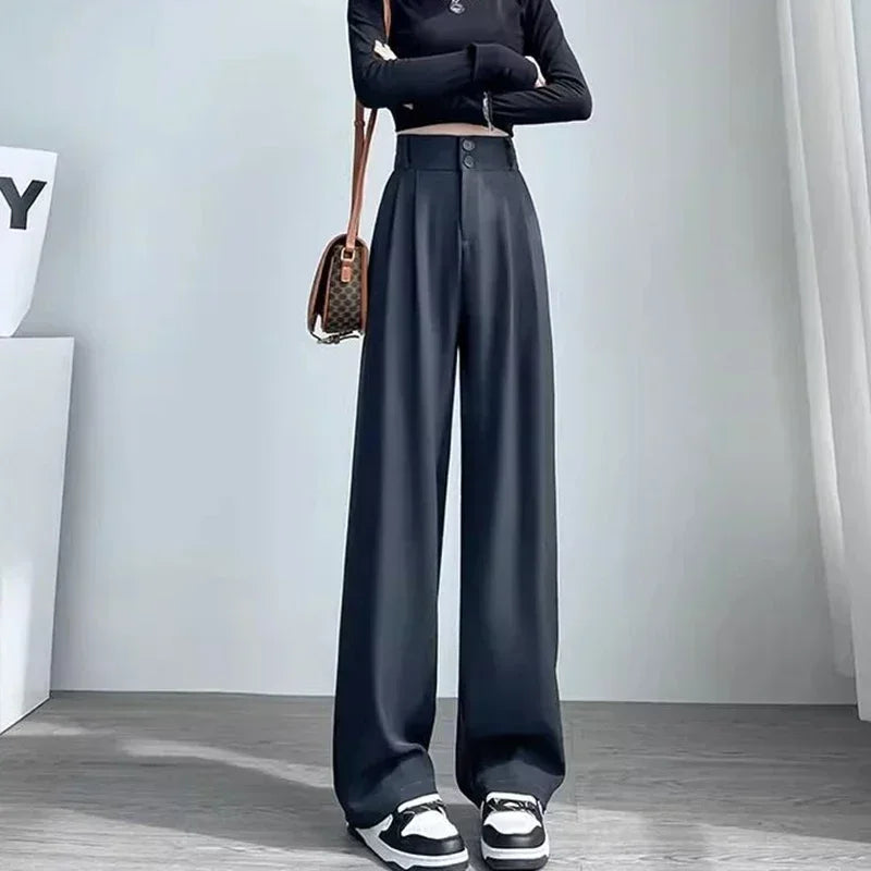 Women Fashion Suit Pants Lady Wide Straight Leg Classic Trousers Female Korean Mesh Linen Pants Stretch High Waist Basic Slacks