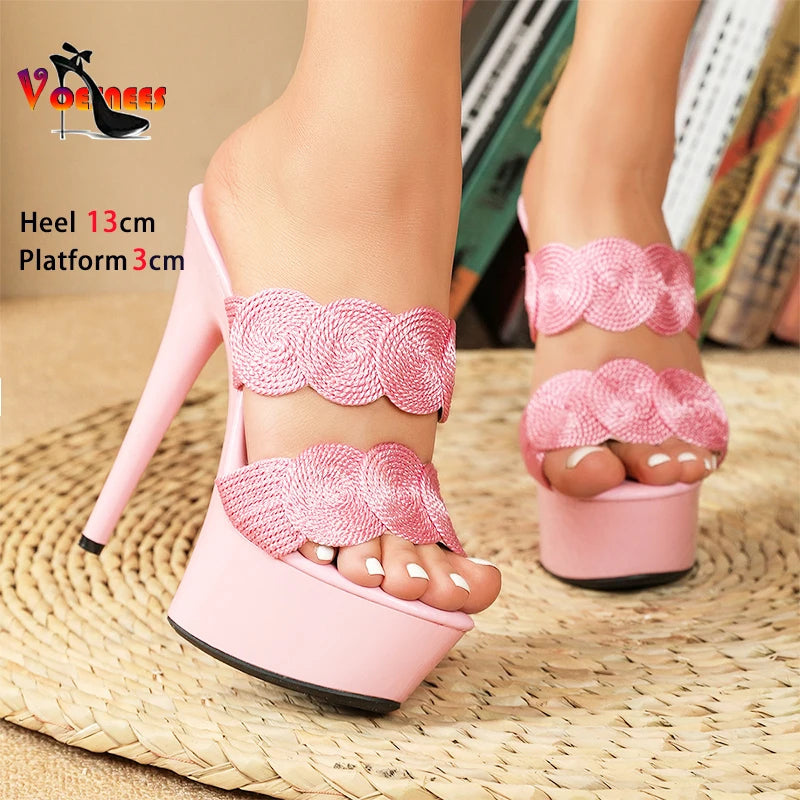 Thin Heels Slippers Mules Women High Heels 13CM Summer Slides Outdoors Sandals Waterproof Platform Night Club Lady Shoes Large