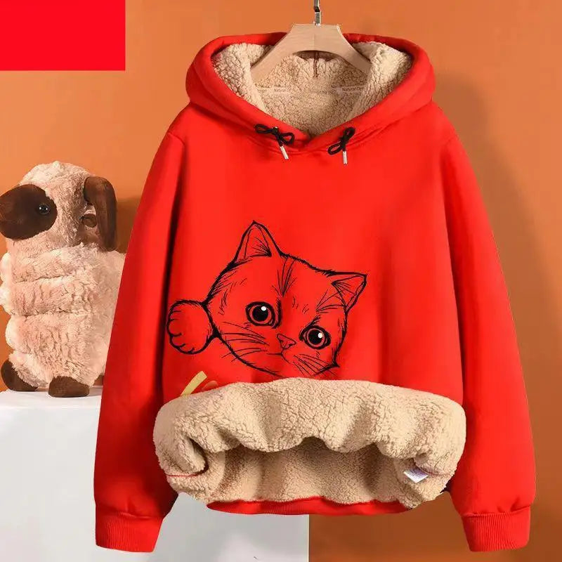 Inner Lining Composite Lamb Fleece Sweatshirt Thick Winter Loose Keep Warm Hoodie Peeking Cartoon Cat Women's Oversized Pullover