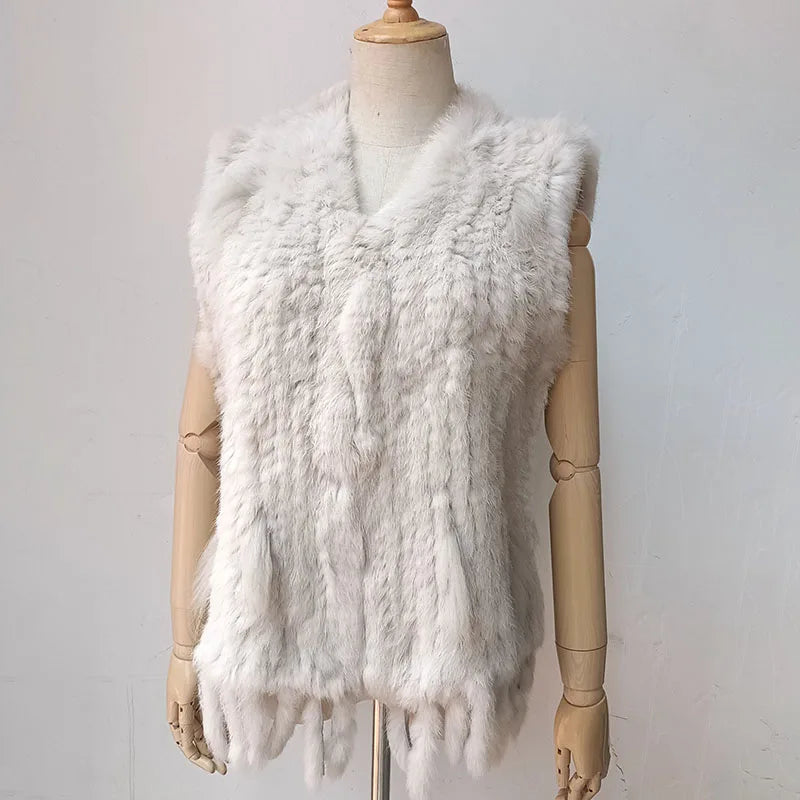 Gilet en fourrure véritable tricoté bordeaux pour femme  avec pompon et col en V, gilet moelleux en fourrure véritable, gilet en lapin naturel, offre spéciale