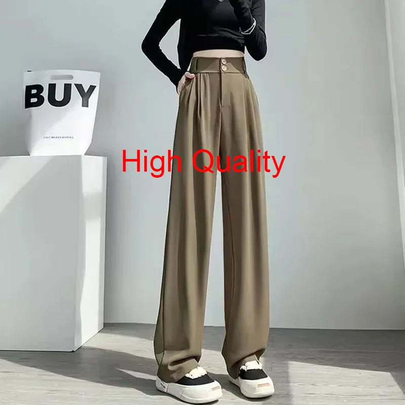 Women Fashion Suit Pants Lady Wide Straight Leg Classic Trousers Female Korean Mesh Linen Pants Stretch High Waist Basic Slacks