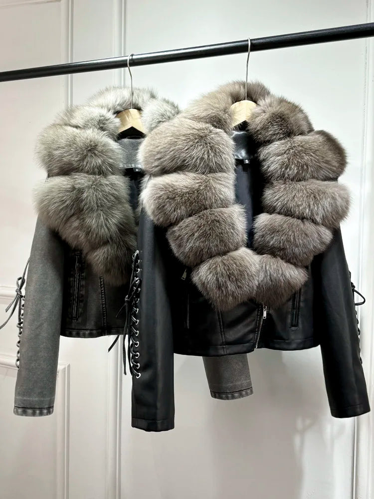 Janveny Super Big Natural Fox Fur 2024 Nouvelle Automne Hiver Femmes Faux PU Veste En Cuir Décontracté Dame Revers Fermeture Éclair Moto Manteau