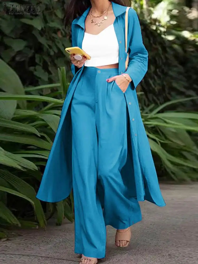 Elegant Matching Sets Women Long Sleeve Split Shirt ZANZEA 2025 Casual Lapel Button Blouses Wide Leg Trousers Tracksuit Outifits