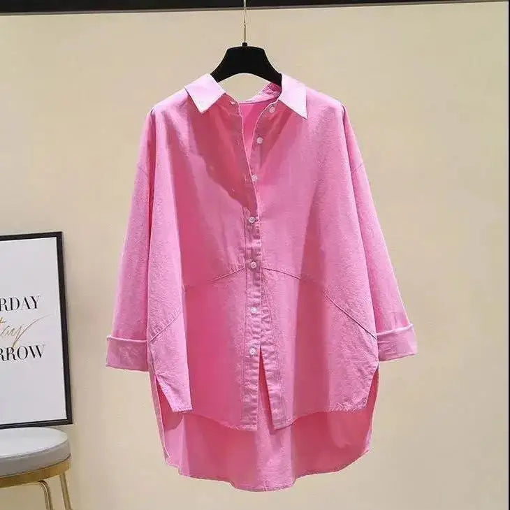 Spring 2022 Female KPOP Fashion Style Cotton Oversized Loose Casual Lapel Buttons Asymmetrical Solid Long Sleeve Shirt Blouse