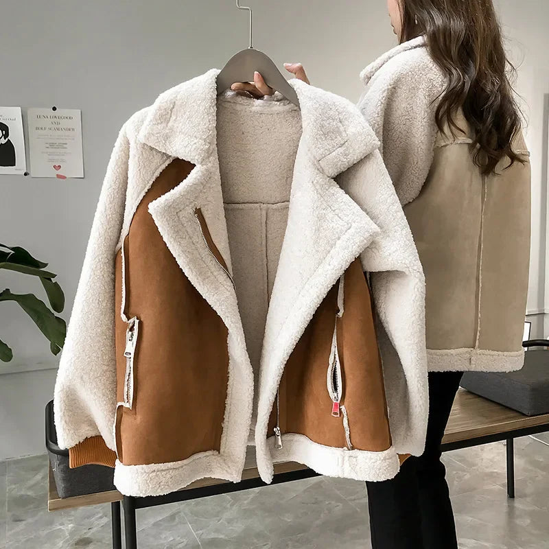 Women Winter Jacket Chic Faux Fur Collar Coats Aviator Motorcycle Biker Jackets Female Lamb Wool Coat 2022 New Coats