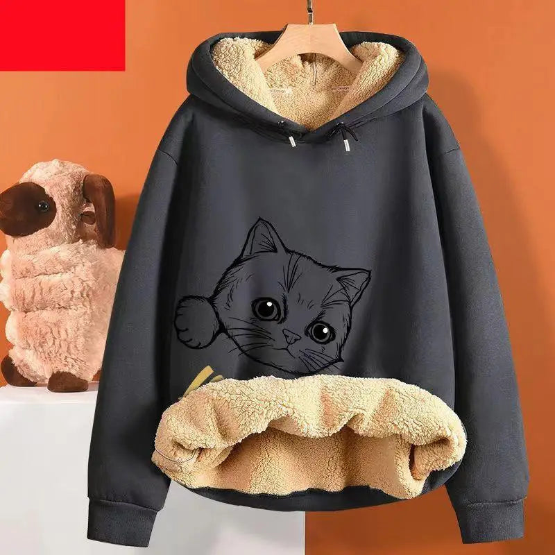 Inner Lining Composite Lamb Fleece Sweatshirt Thick Winter Loose Keep Warm Hoodie Peeking Cartoon Cat Women's Oversized Pullover