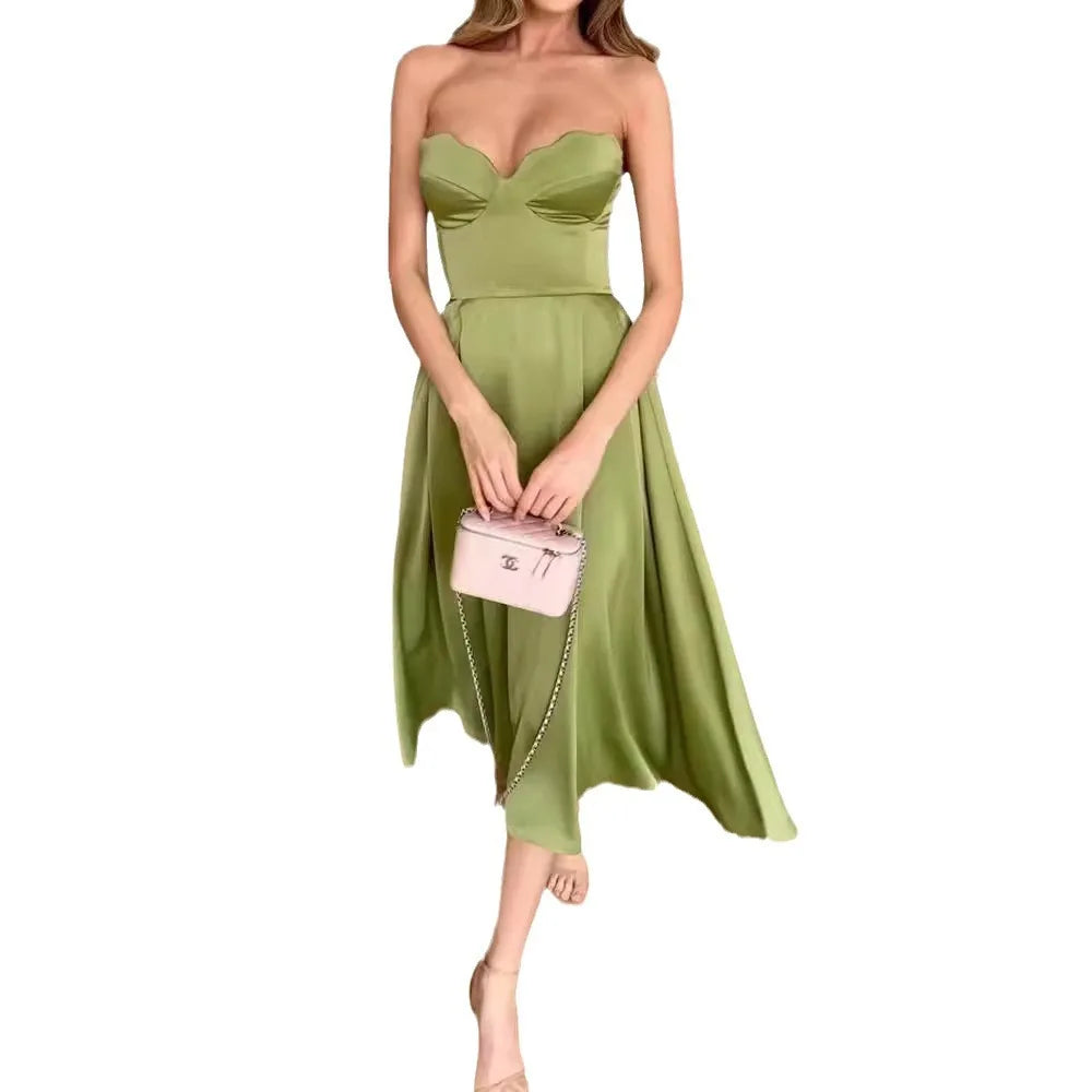 DSMTRC Luxury Designer Clothing Women 2024 Strapless Dress Elegant Party Sleeveless Green Maxi Dresses Club Outfit for Woman