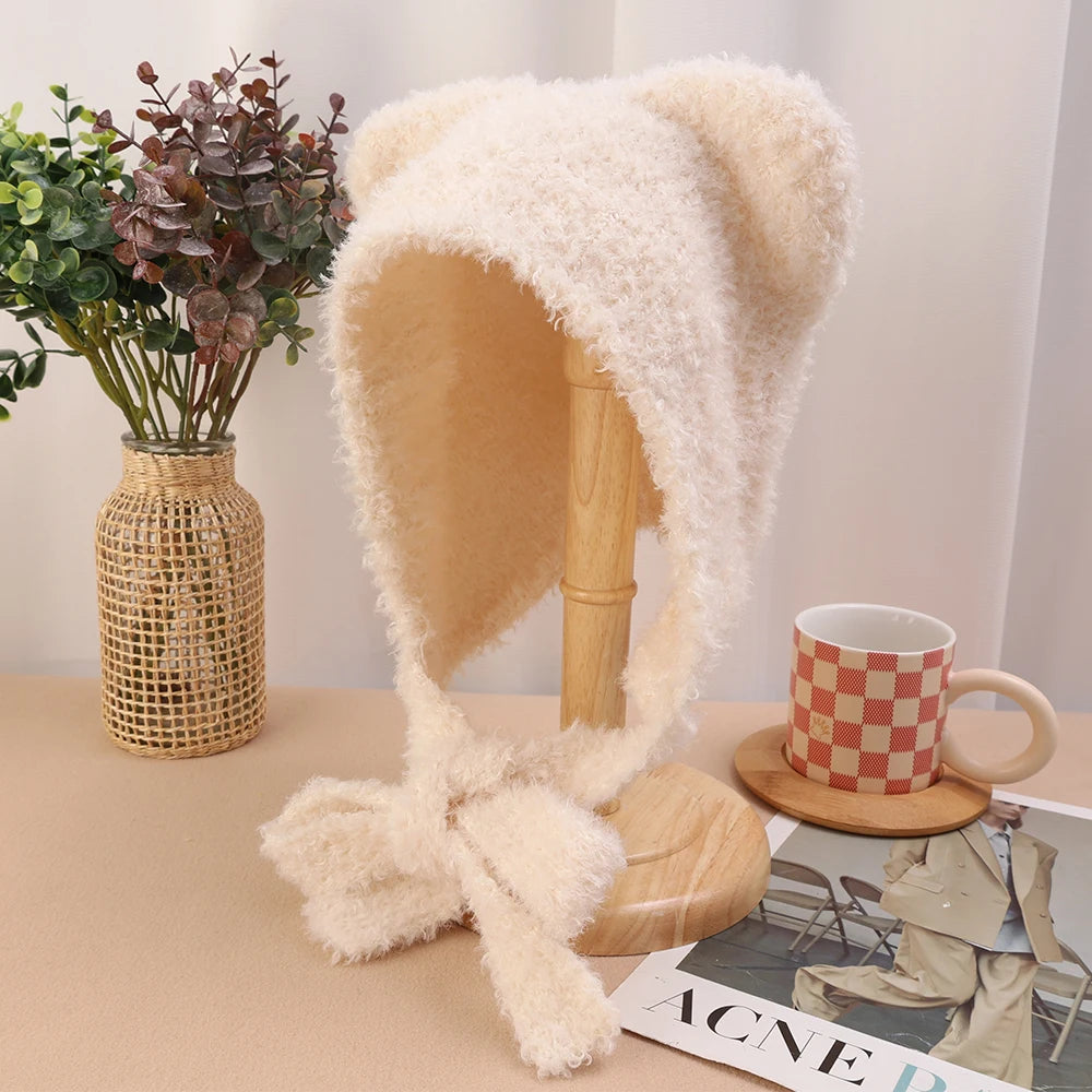 Winter Plush Beanies Cute Bear Ear Wool Hat Warm Lace-up Ear Protection Knitted Bomber Cap Bonnets Knitting Korea Women Gorros