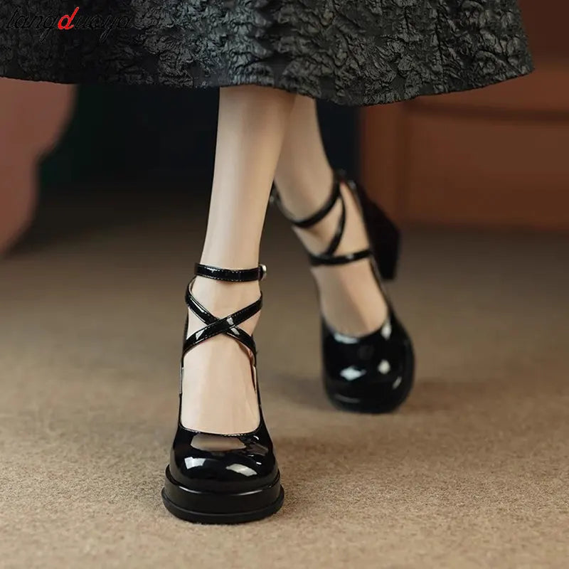 Women's summer Footwear on Heeled Shoes Woman New Elegant Vintage Lolita Mary Jane shoes Black Round Toe High Heels party shoes