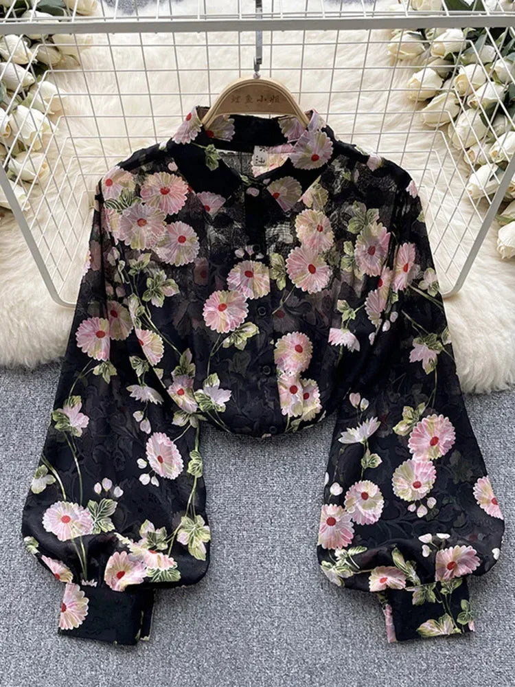 Spring Autumn Temperament Fashion Retro Chiffon Floral Blouses Print Loose Lapel Puff Sleeve Top Button Up Shirt Female GD611