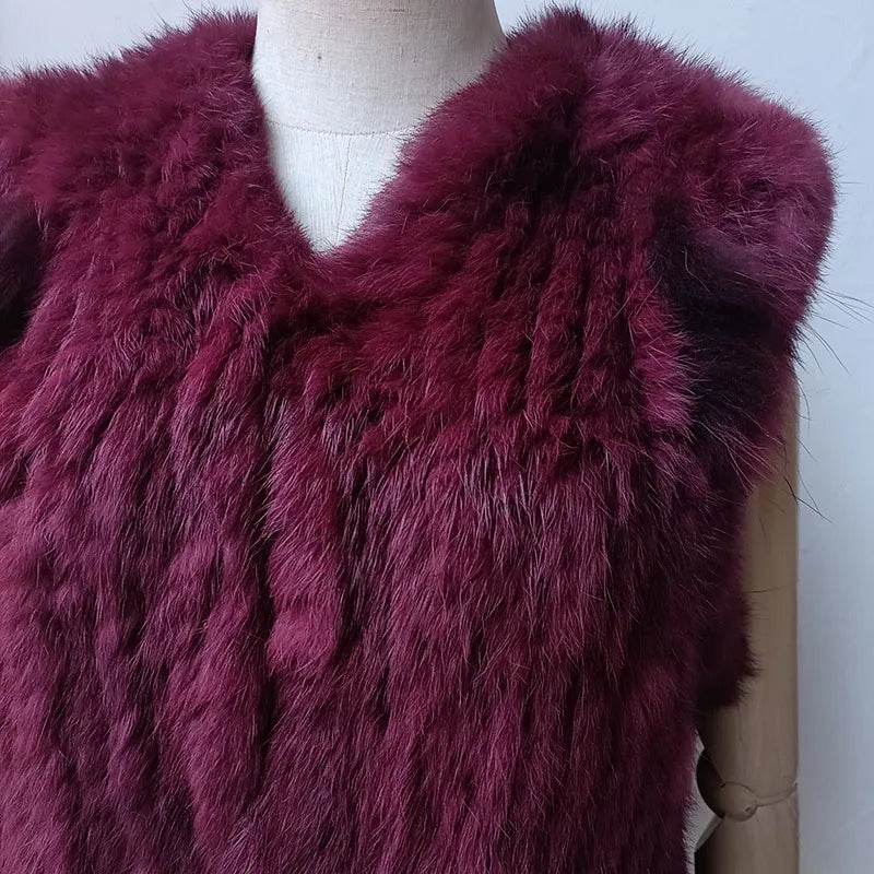 Gilet en fourrure véritable tricoté bordeaux pour femme  avec pompon et col en V, gilet moelleux en fourrure véritable, gilet en lapin naturel, offre spéciale