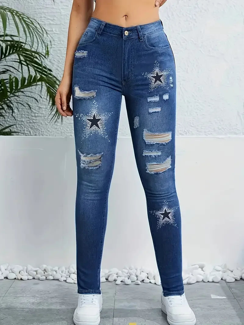 Star Pattern Printed Washed Hole Women's High Waisted Stretch Denim Skinny Trousers Fashionable Women's Denim Work Clothes