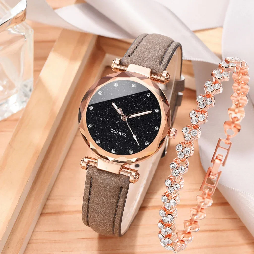 Ensemble de montres de luxe pour femmes, 2 pièces, bracelet en cuir PU, montre-bracelet à quartz pour dames, strass, bracelet en alliage or rose pour dames, cadeau