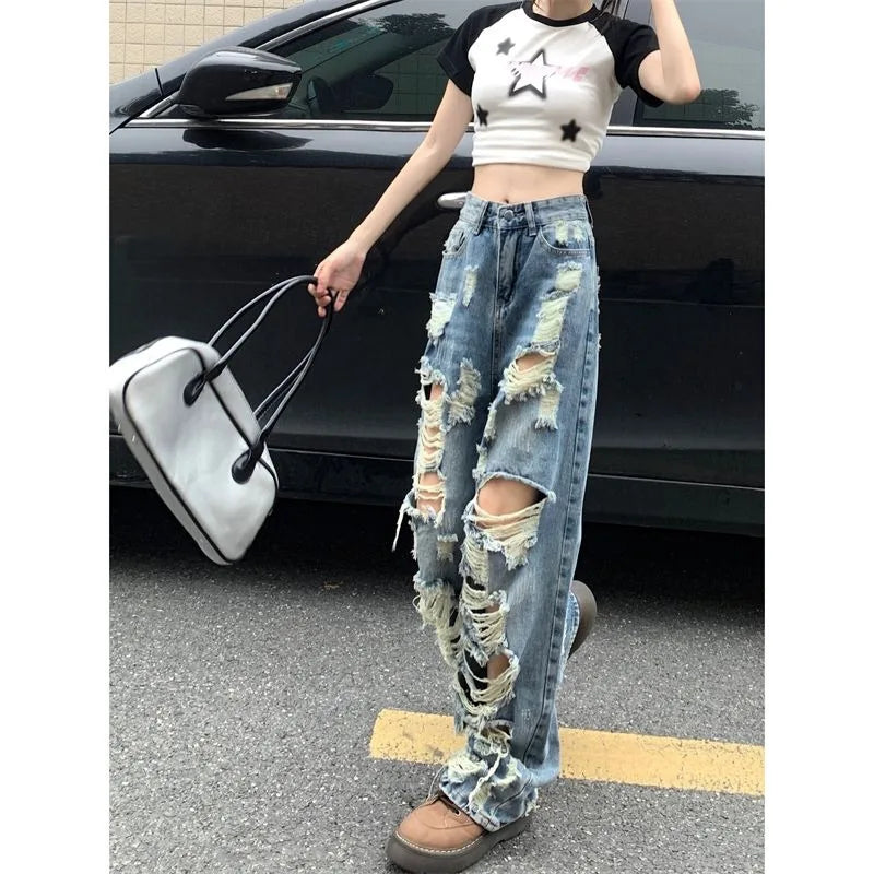 Fashionable Women's Ripped Jeans, High Waist Slimming Wide Leg Denim Pants Female Casual Straight Shredded Jeans for Women 4XL