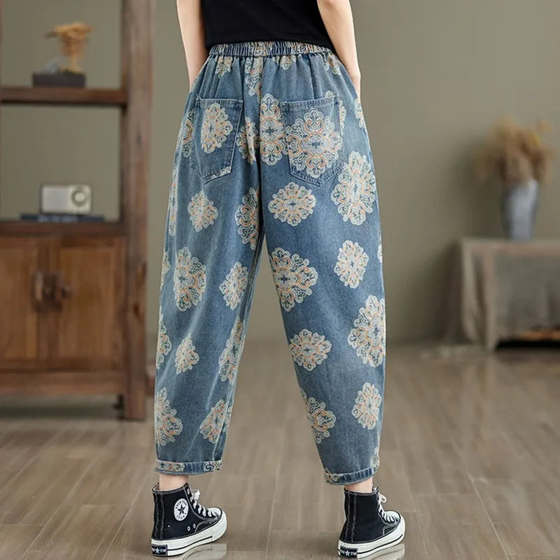 Women Casual Boyfriend Jeans New Arrival 2024 Spring Vintage Style Streetwear Floral Print Loose Female Denim Harem Pants B3741