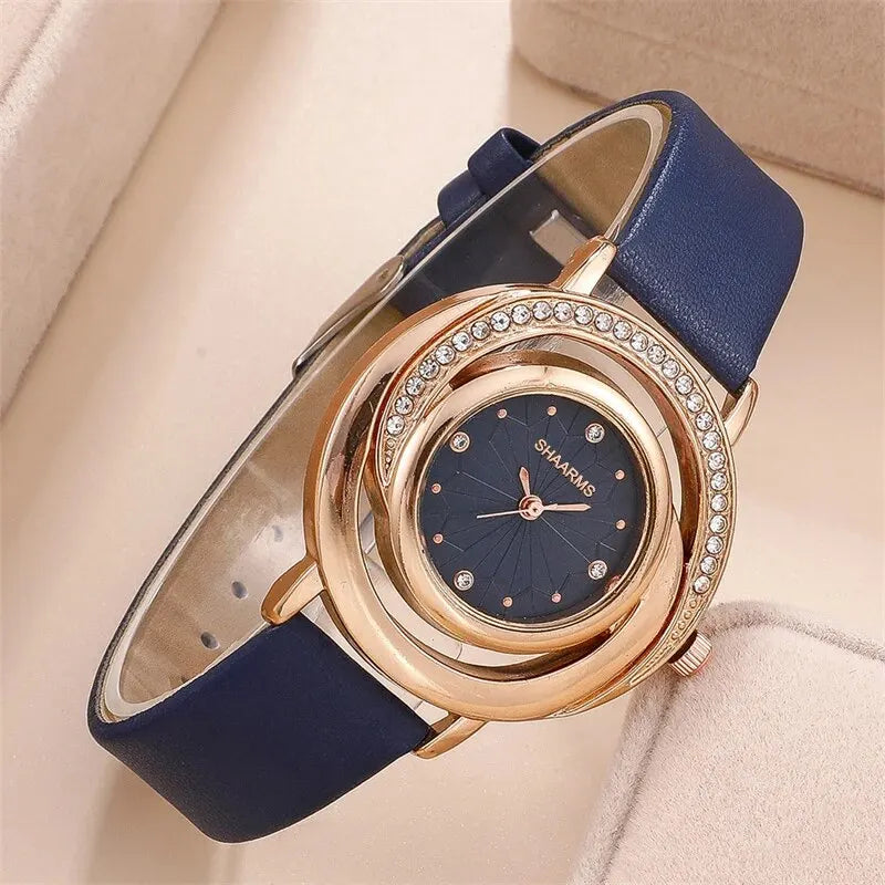 Ensemble de 5 montres de luxe pour femmes, bague, collier, boucles d'oreilles, strass, mode, montre-bracelet décontractée pour dames