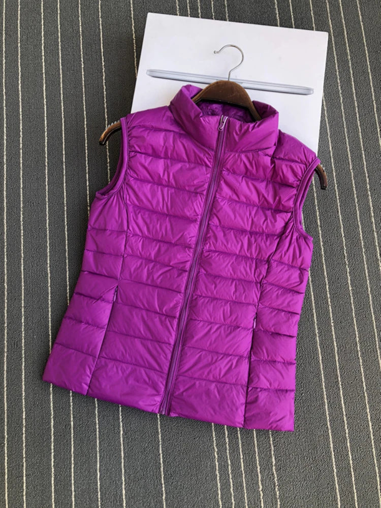 Gilet en duvet de canard blanc ultra léger à 90 % pour femme, manteau fin, veste sans manches en duvet de canard, col montant, veste pour femme