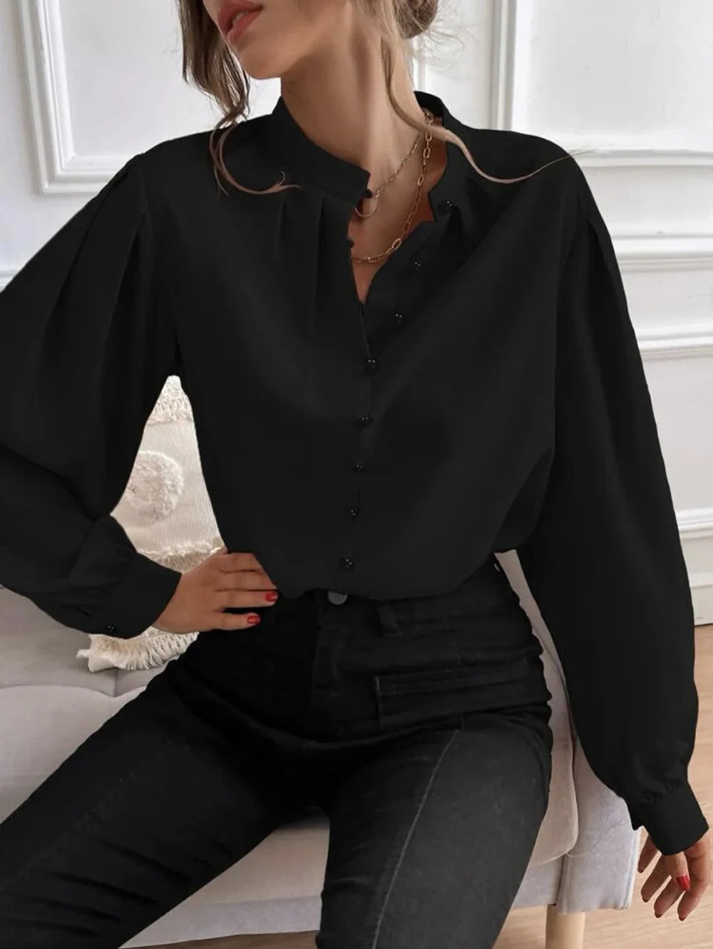 Elegant Temperament Female Clothing Solid Loose Fitting Lantern Long Sleeves Blouse Half Open Collar Pleated Pullover Shirt