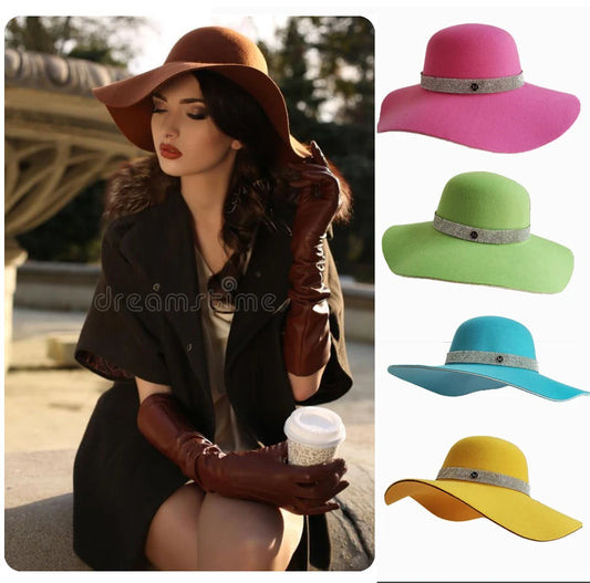 French Vintage Women's Big Brim Colorful Felt Hat Unisex Fedora Fashion Dome Bucket Hat Church Wedding Hat Wholesale