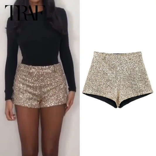 TRAF 2025 Mini Sequin Shorts Woman Shiny Sexy High Waist Short Women's Shorts Glitter Gold Pink Shorts Elegant High Street Short