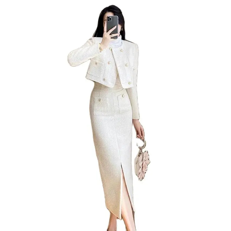 Small Fragrance Coarse Tweed Two-Piece Set Women's Elegance Temperament O-neck Short Coat+Split Skirts Spring Autumn Suits New