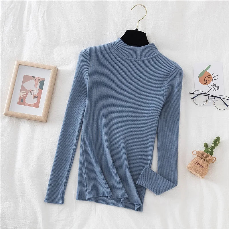 ZOKI Autumn Women Pullover Sweater Fashion Half Turtleneck Knitted Female Jumper Long Sleeve Winter Black Soft Elastic Blouse