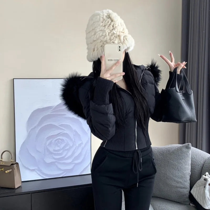 Fur Hooded High Street Short Down Jackets Zipper Fashion Slim Parkas Elegant Ladies Thick Outerwear Casual Black Coats For Women