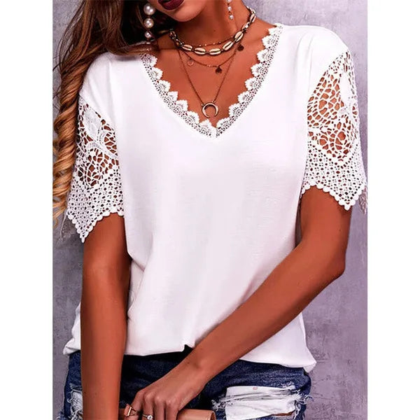 Sexy V Neck Short Sleeve Shirt Blouse Office Lady Spring Summer Fashion Elegant Solid Lace Hollow Out Shirts For Women 2023 Tops