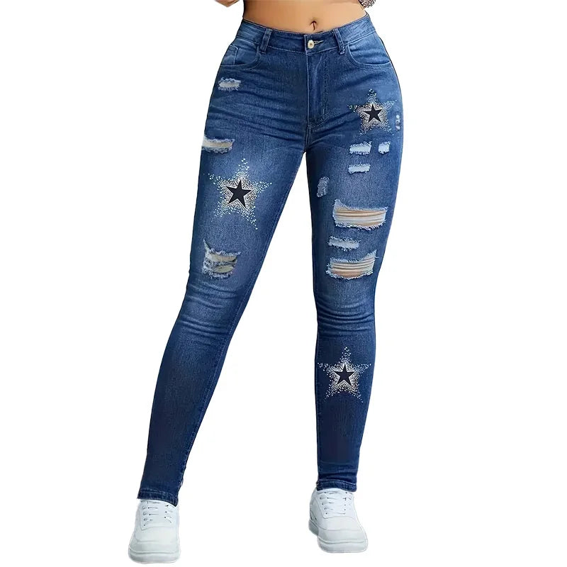 Star Pattern Printed Washed Hole Women's High Waisted Stretch Denim Skinny Trousers Fashionable Women's Denim Work Clothes