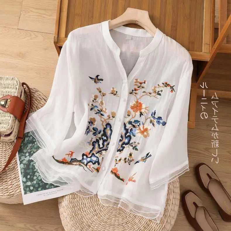 High-end Cotton and Linen Tops Female 2024 Summer New Embroidered Cardigan Shirt New Chinese Style Patchwork Bag Buckle Shirt