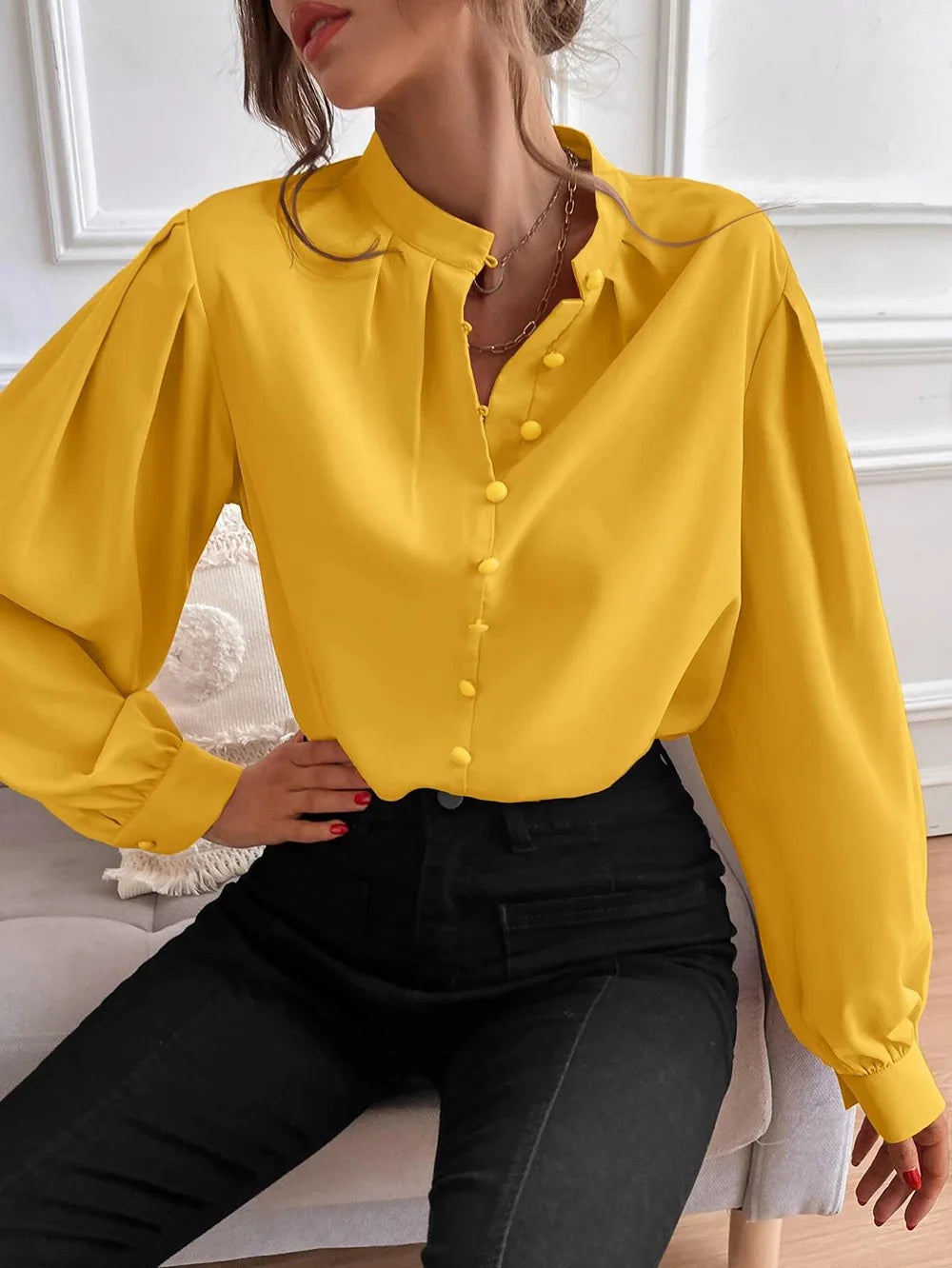 Elegant Temperament Female Clothing Solid Loose Fitting Lantern Long Sleeves Blouse Half Open Collar Pleated Pullover Shirt