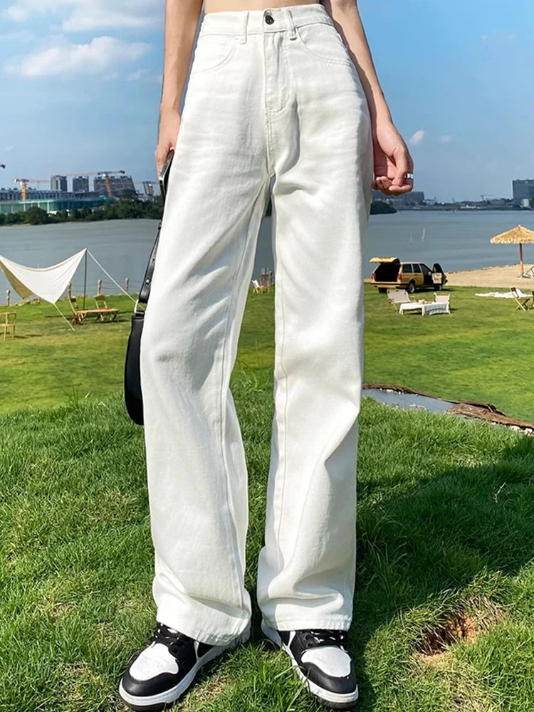 Woman High Waist Wide Leg Jeans Girls Casual Denim Straight Leg Pants Female White Black Blue Light Blue Beige Loose Trousers