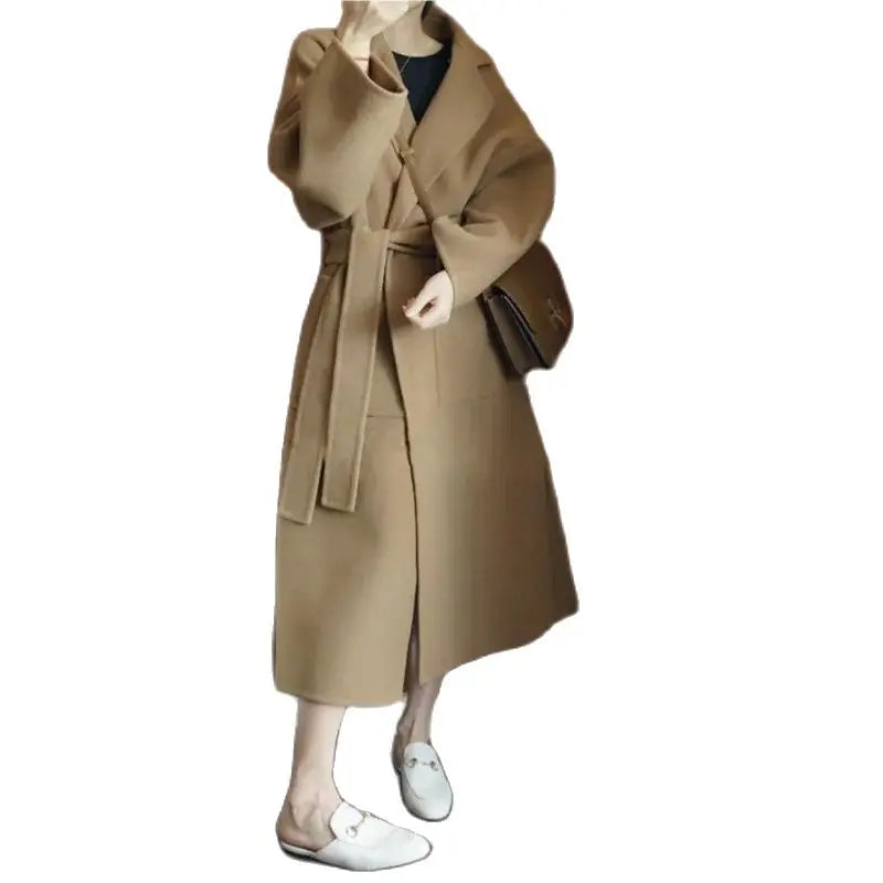 Manteau pour femme en laine pure 100 % avec fente latérale Manteau long en laine double face Vêtements amples et confortables pour femmes