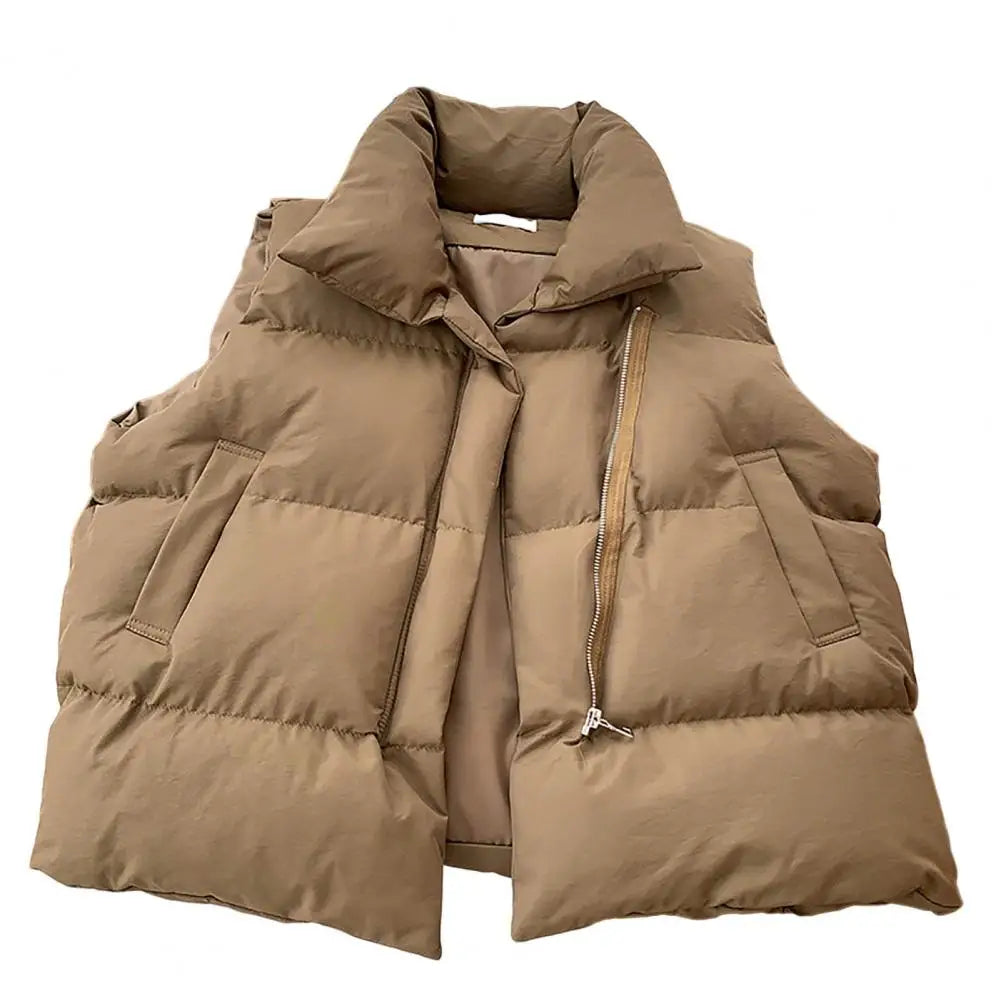 Gilet matelassé d'hiver en coton à col montant, confortable, simple, couleur unie, polyvalent, rembourré, avec cordon de serrage, vêtements pour femmes