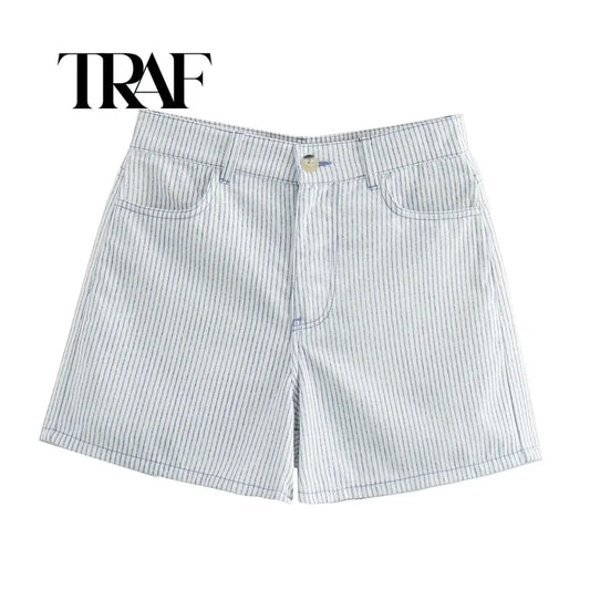 TRAF Striped Bermuda Shorts Woman High Waist Mini Shorts for Women Streetwear Casual Shorts Women Holiday Beach Women's Shorts