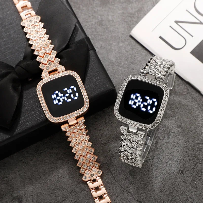 Luxury Rhinestone Digital Watches for Women Simple Touch Screen LED Watch Fashion Steel Strap Rose Gold Ladies Watch Reloj Mujer