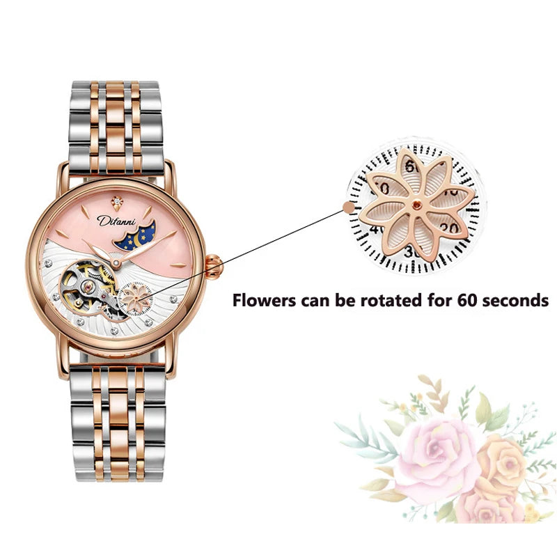 Montre Femme Rotative Fleurs Femmes Top Marque De Luxe Mode Phase De Lune Étanche Dame Automatique Montres Mécaniques Reloj