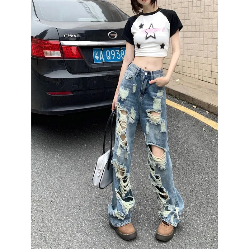 Fashionable Women's Ripped Jeans, High Waist Slimming Wide Leg Denim Pants Female Casual Straight Shredded Jeans for Women 4XL