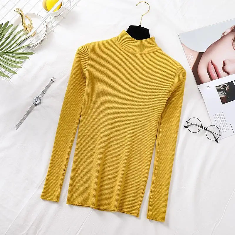 ZOKI Autumn Women Pullover Sweater Fashion Half Turtleneck Knitted Female Jumper Long Sleeve Winter Black Soft Elastic Blouse