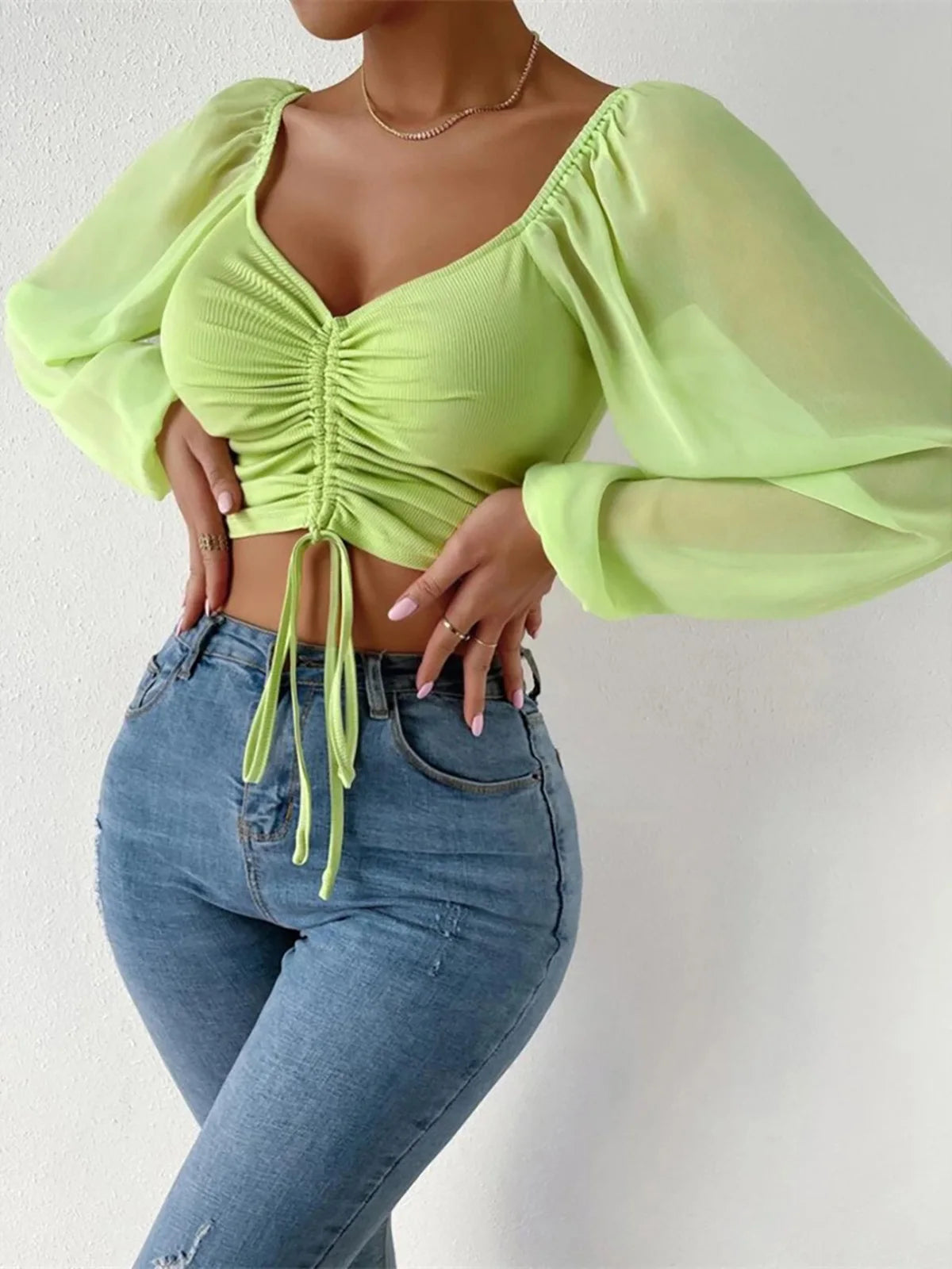 S-3XL Mesh Lantern Sleeves Drawstring Wrap Chest Bare Midriff T-Shirt Women Long Sleeve Ruched Blouse Sexy Crop Top Tee K5995