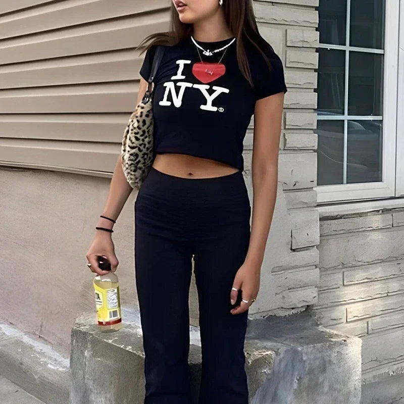 J'aime New York NY O Neck Womens Cropped Top Harajuku Gothic Clothes Y2k Summer Fashion  Tshirt Dropship