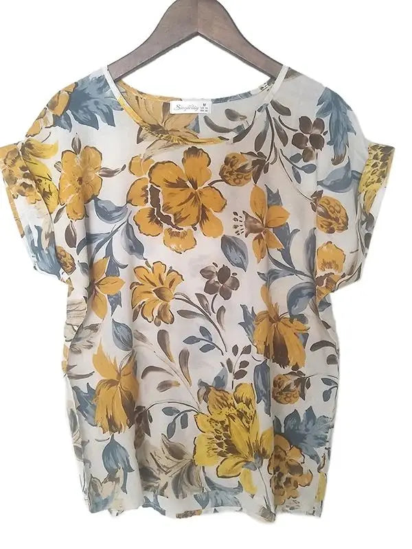 Softu Hot Summer Women's Casual Blouse Shirt Floral Chiffon Print O Neck Short Sleeve Lady's Top Loose Blusas