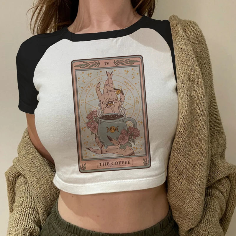 Lady Fashion Women Short Sleeve Summer Harajuku Crop Top Clothes Tshirt Female Tarot Print Cute Lovely Casual Aesthetic T-Shirt