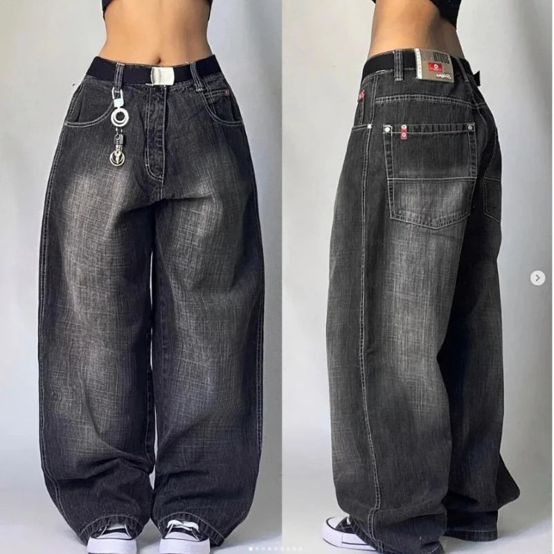 Streetwear Fashion New Pure Black Washed Baggy Jeans Men And Women Y2K Harajuku Casual Gothic High Waist Wide Leg Trousers